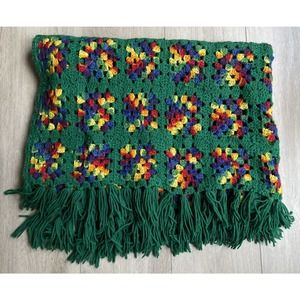 Vintage Granny Square Afghan Throw Blanket Green Rainbow Tassels 55" x 85"